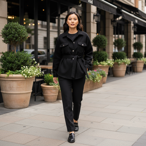 Woman in a black outfit walking on a city street with plants and buildings in the background