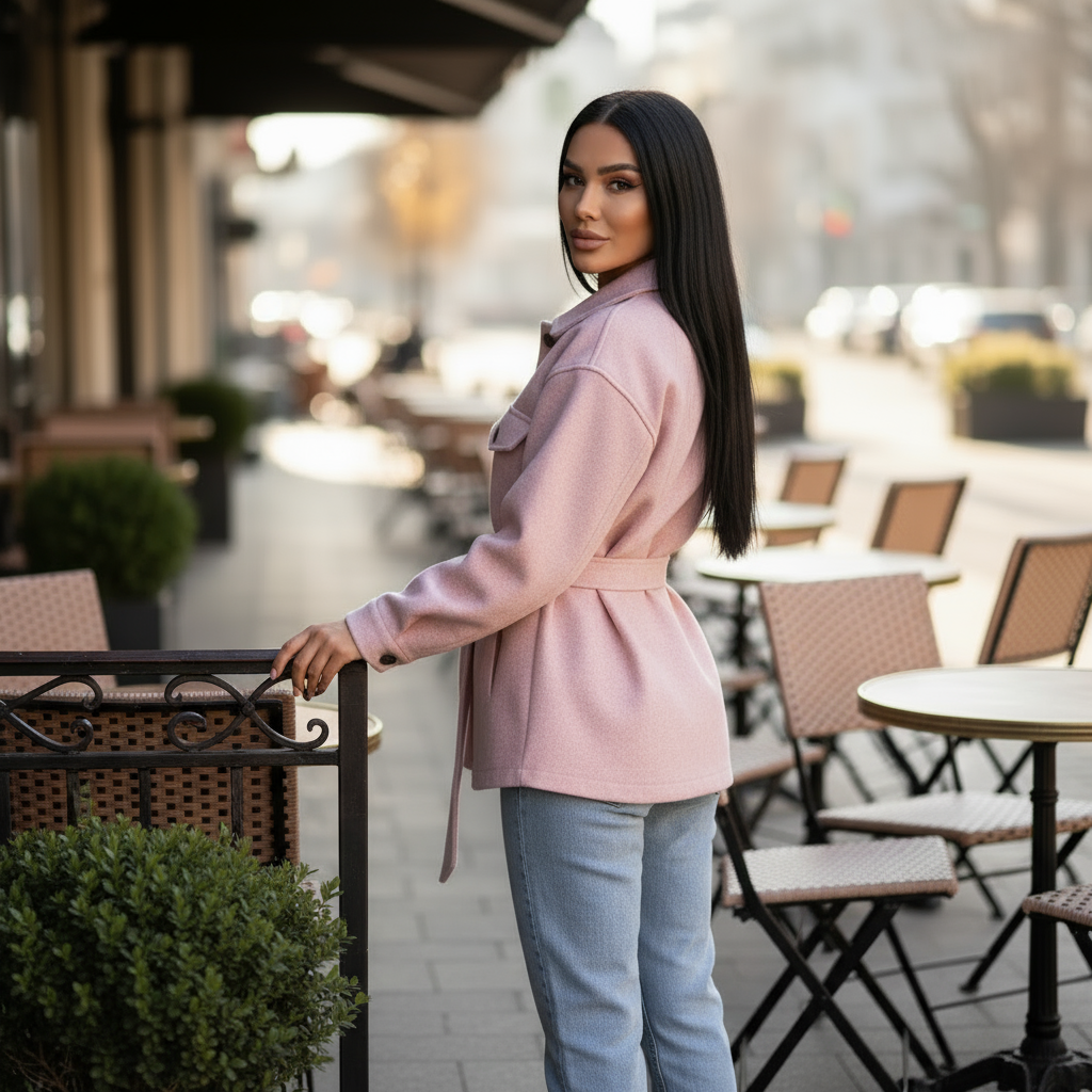 Woman in a pink coat standing outdoors near tables and chairs
