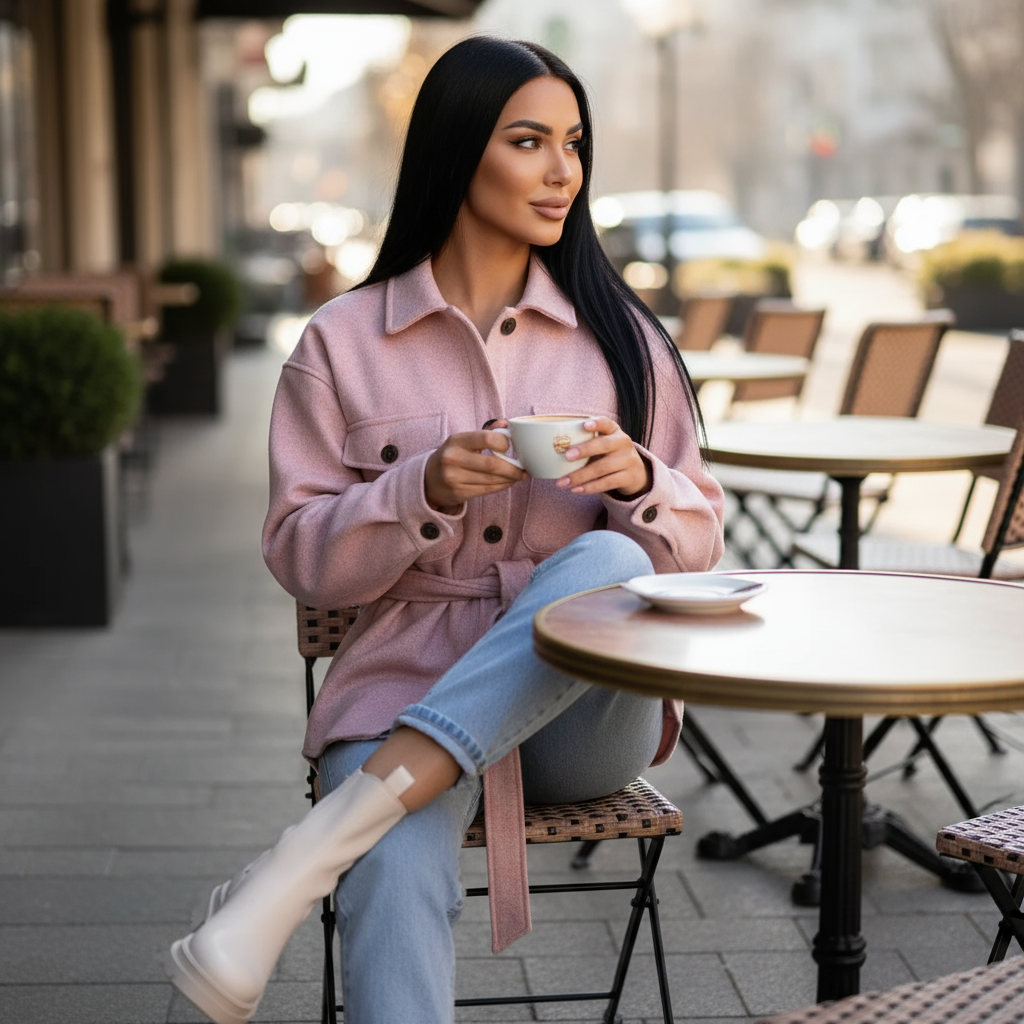 Woman in a pink coat sitting at an outdoor cafe holding a cup.