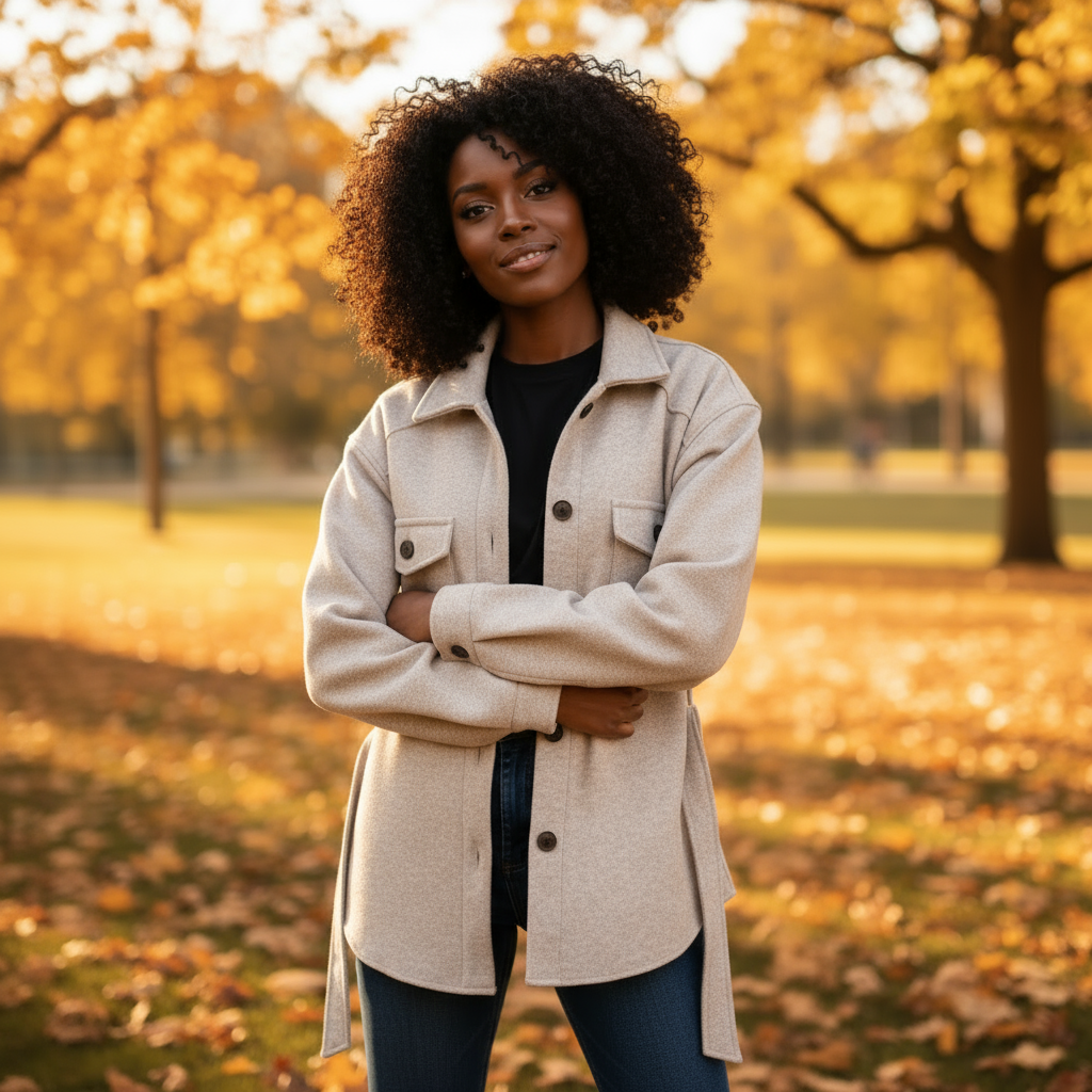 Woman in a beige coat standing in an autumn park with trees and fallen leaves.