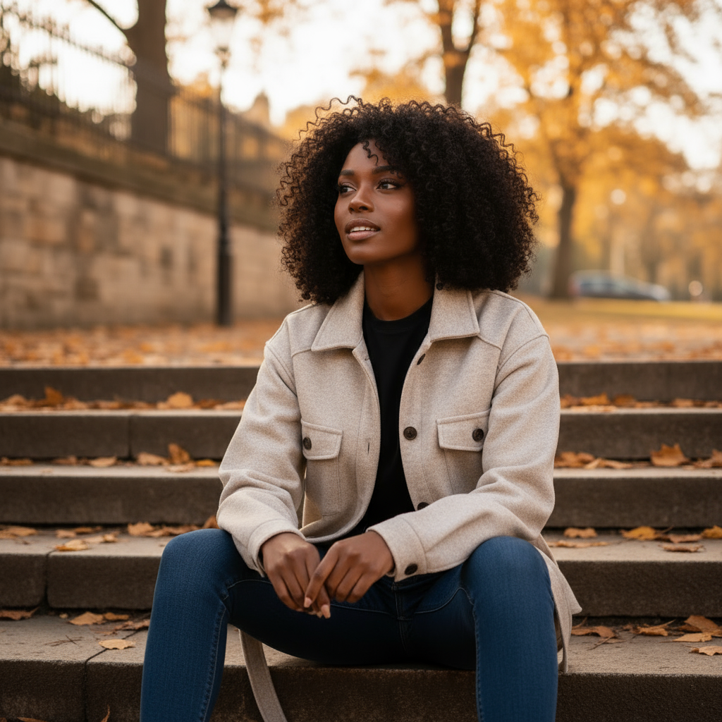 Woman sitting on steps in an autumn setting with trees and a stone wall in the background.