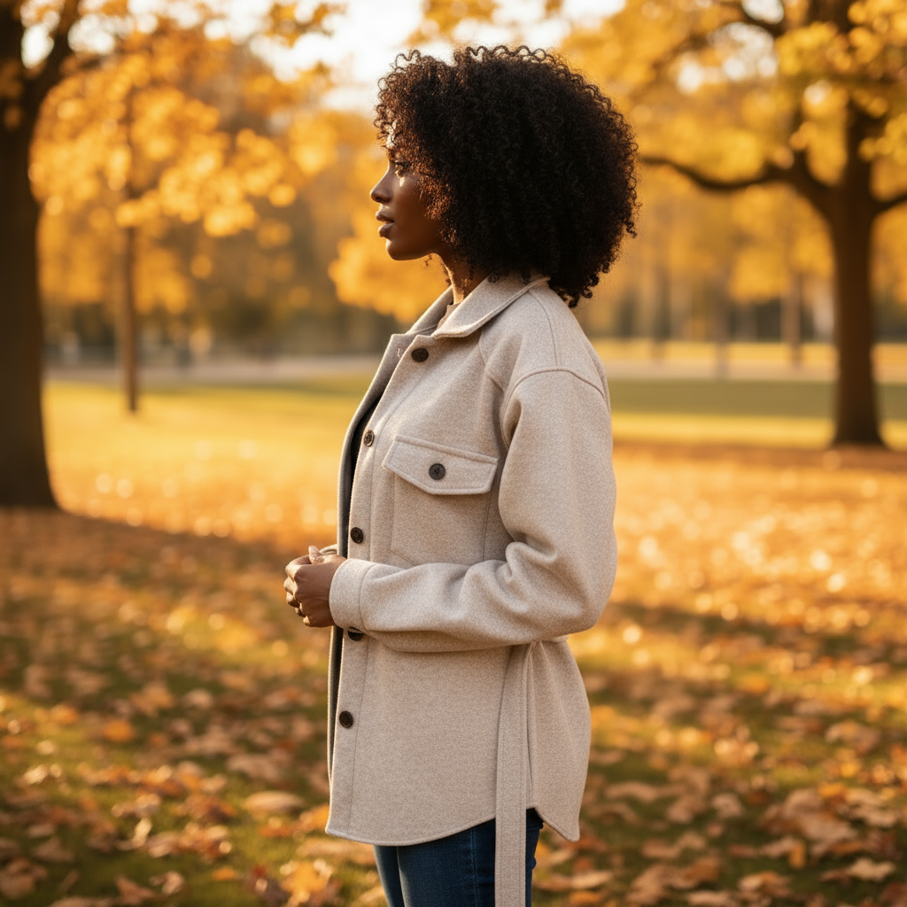 Woman in a beige coat standing in an autumn park with trees and fallen leaves.