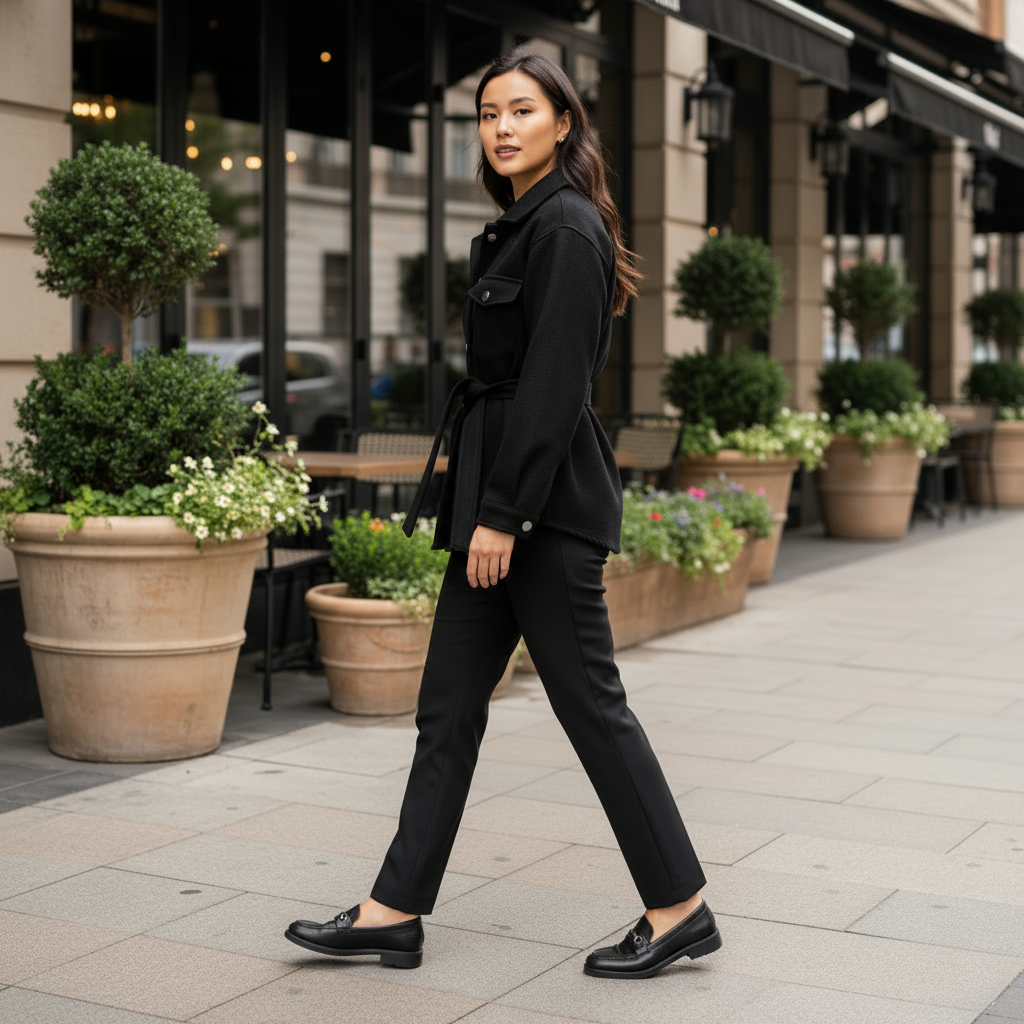 Woman in a black outfit walking on a sidewalk with potted plants and outdoor seating in the background.