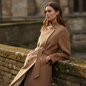 Woman in a brown coat sitting on a stone wall with a stone building in the background