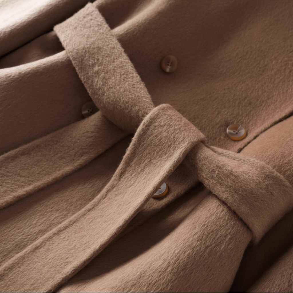 Close-up of a brown coat with a belt and buttons
