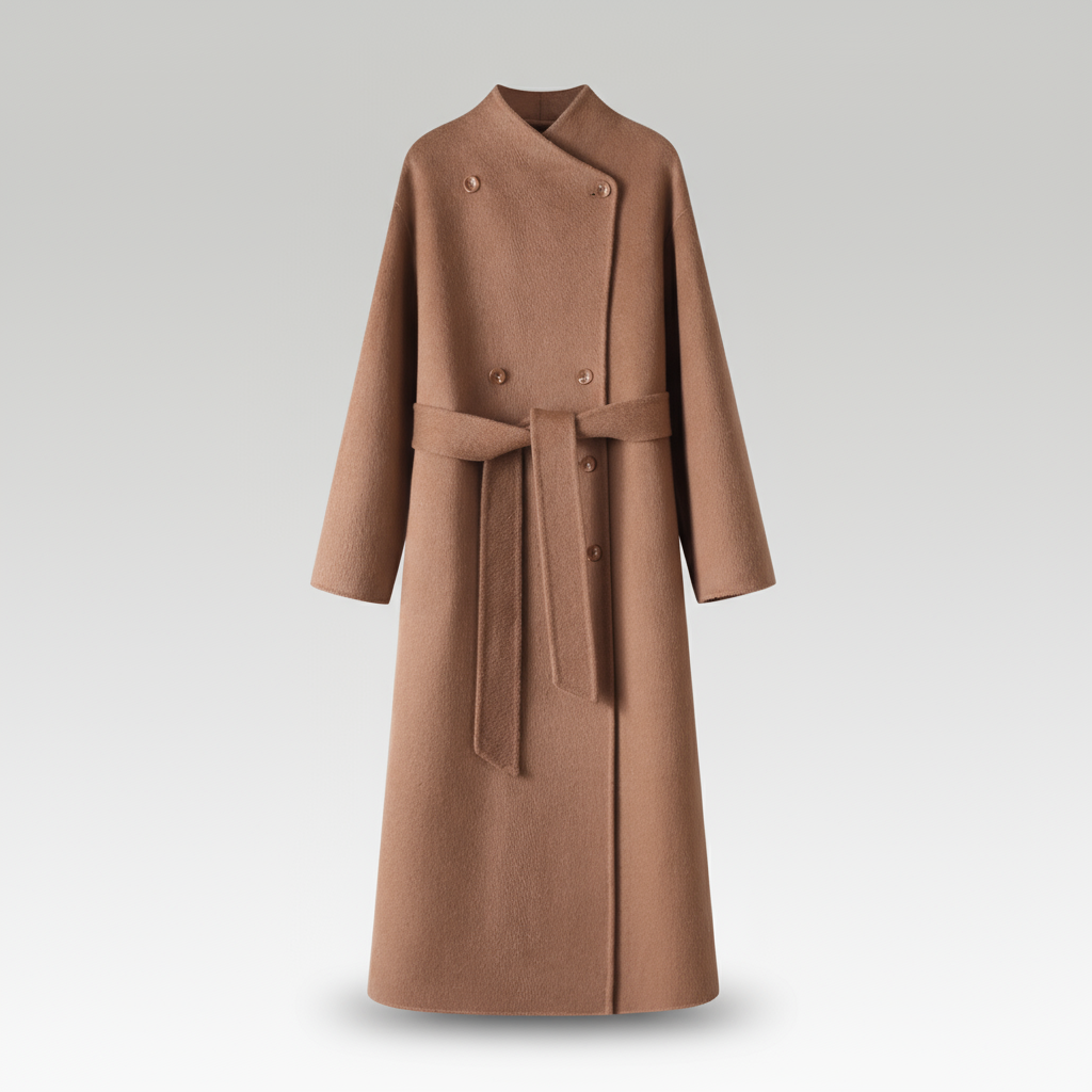 Brown coat with a belt on a light gray background