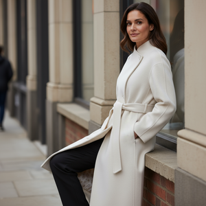Woman in a white coat standing on a city street.