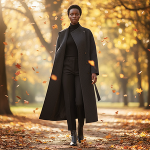 Person wearing a long black coat walking through a park with autumn leaves falling.