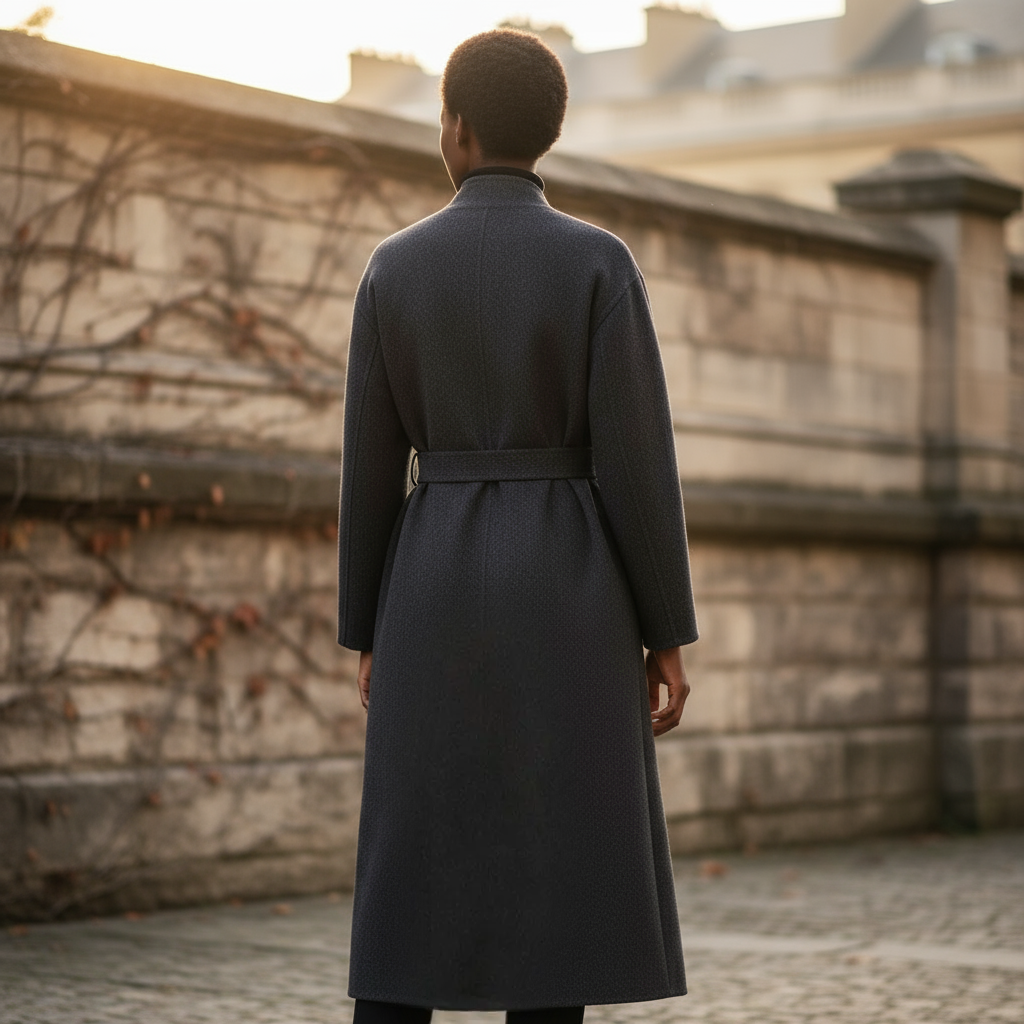 Person wearing a long dark coat standing in front of a stone wall.