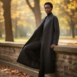 Person wearing a long black coat standing against a stone wall with autumn trees in the background