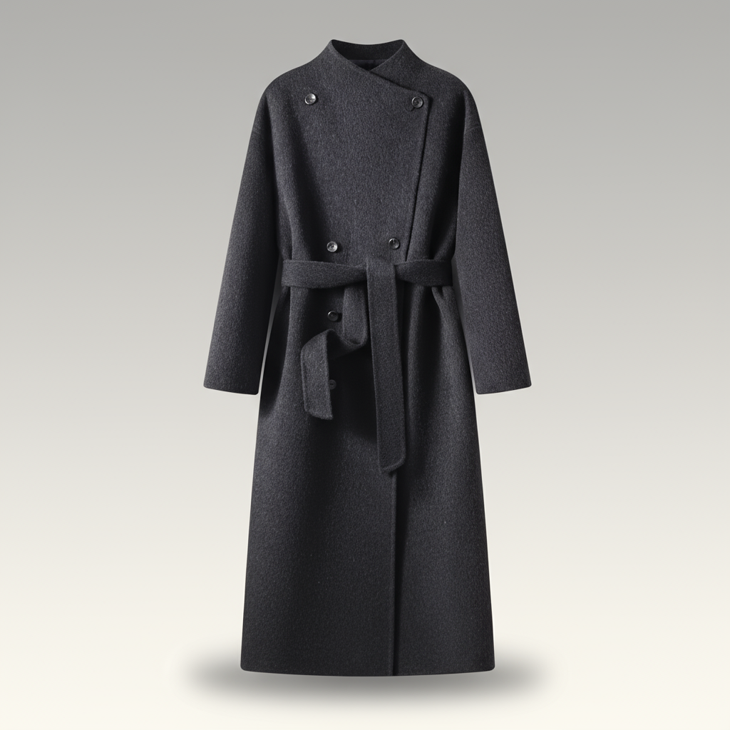 Gray coat with a belt on a light gray background