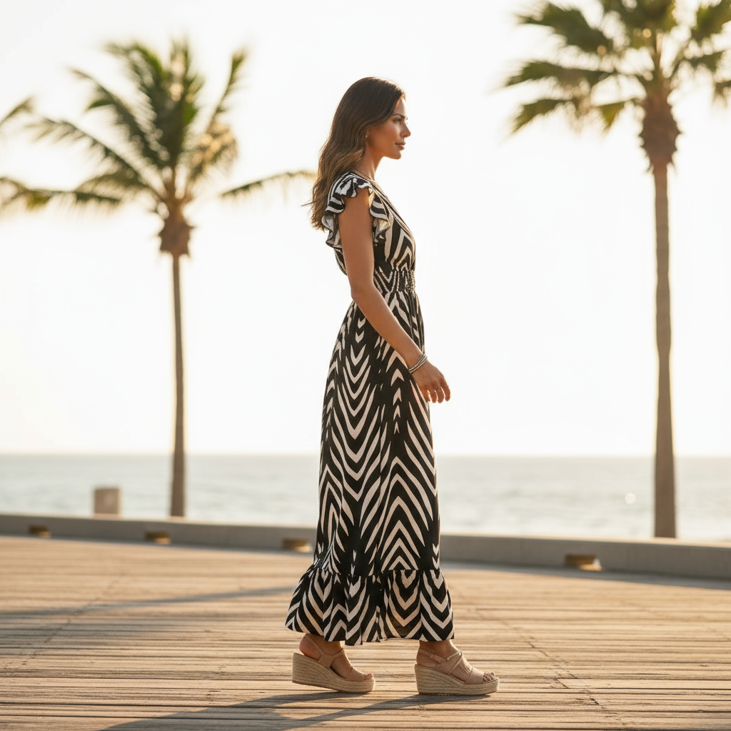 Woman in a black and white dress standing on a wooden deck with palm trees and ocean in the background.