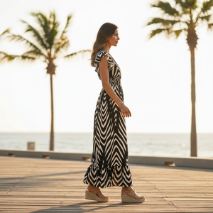 Woman in a black and white dress standing on a wooden deck with palm trees and ocean in the background.