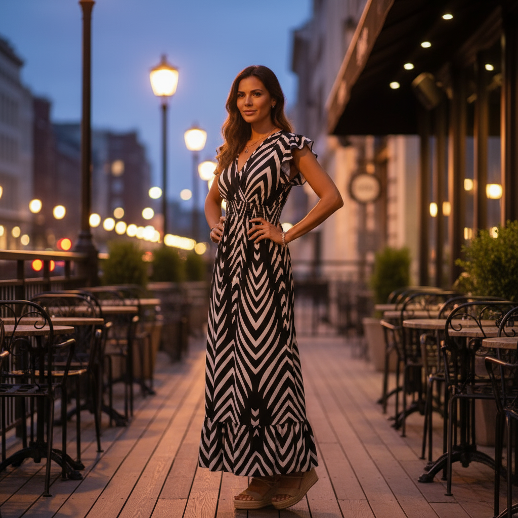 Woman in a black and white dress standing on a city street at dusk.