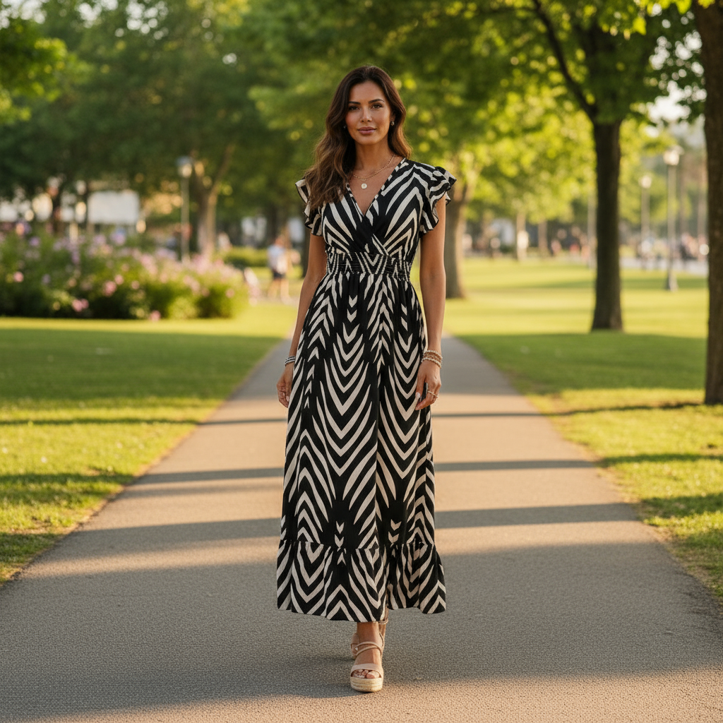 Woman in a black and white dress standing on a path in a park.