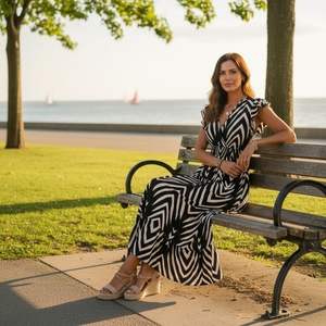Woman in a black and white dress sitting on a bench by a waterfront.