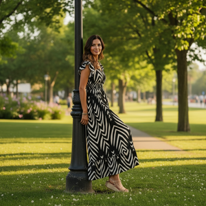 Woman in a black and white dress standing next to a lamp post in a park.