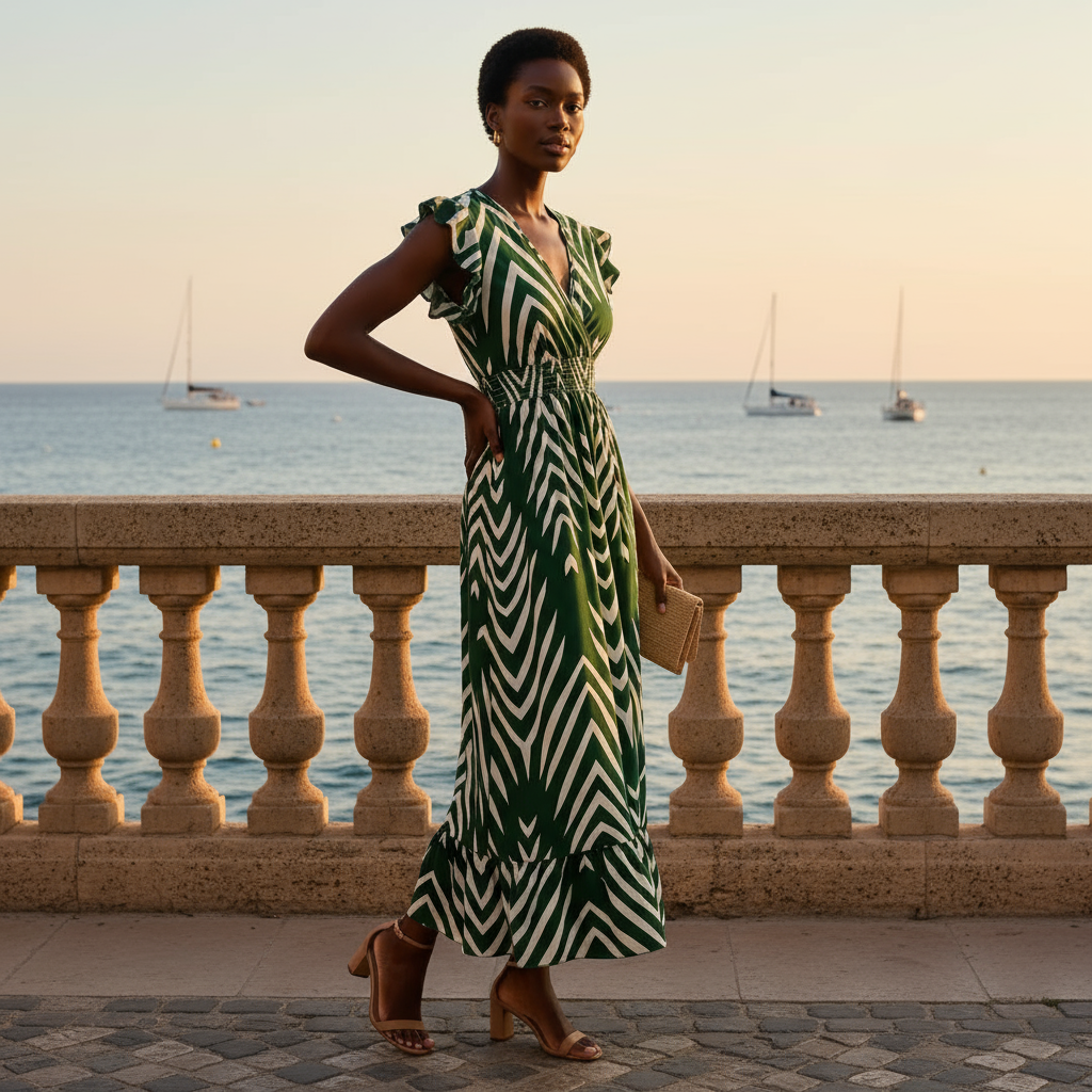 Woman in a green and white striped dress standing by a waterfront with sailboats in the background.
