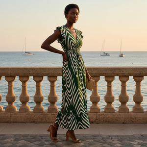 Woman in a green and white striped dress standing by a waterfront with sailboats in the background.