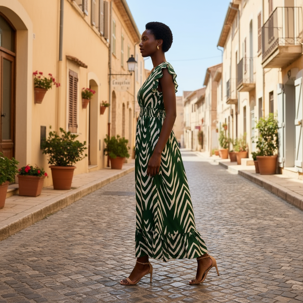 Woman in a green and white dress walking down a sunlit street with buildings and plants.