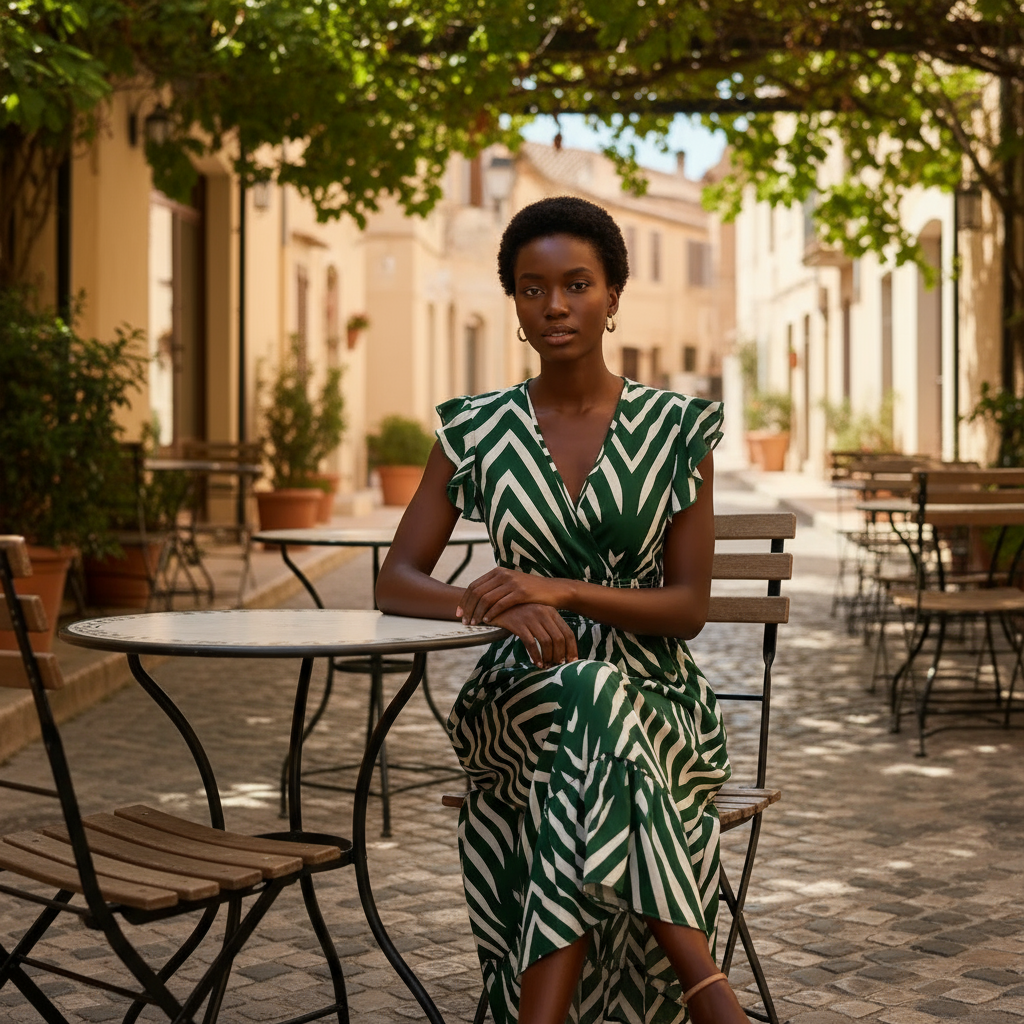 Woman in a green and white dress sitting at an outdoor cafe table with a blurred street background
