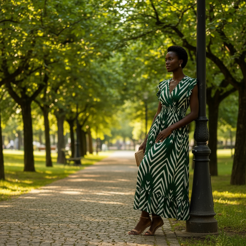 Woman in a green and white dress standing on a tree-lined path
