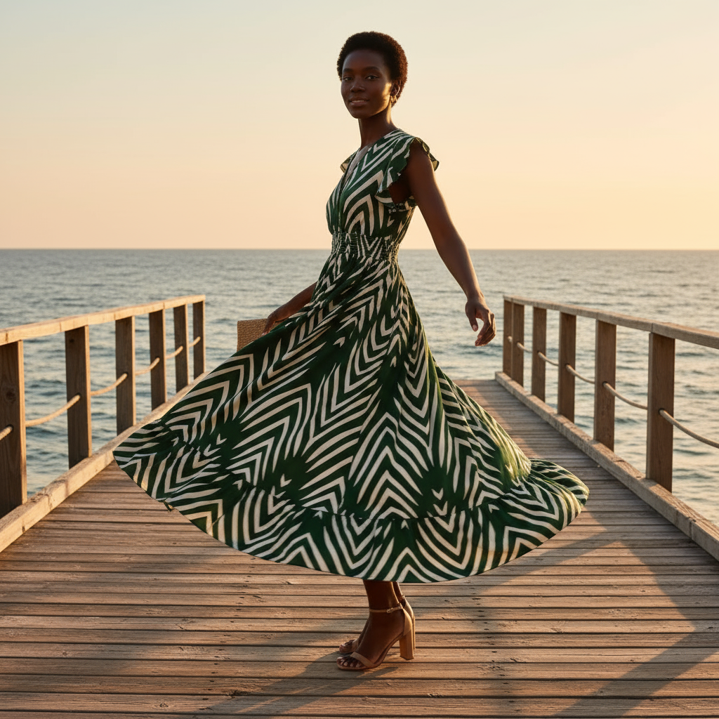 Woman in a green and white patterned dress standing on a wooden pier by the ocean at sunset.