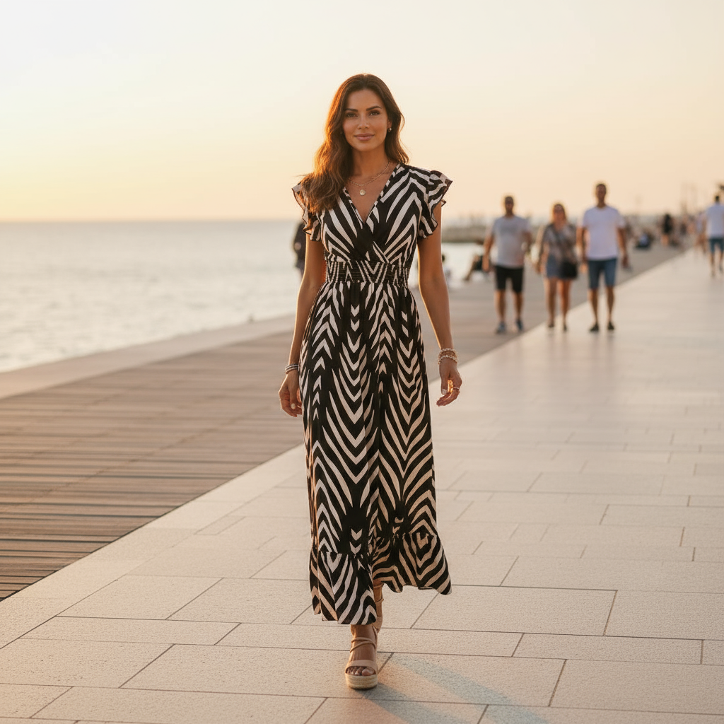 Woman in a zebra-striped dress standing on a promenade with people in the background.