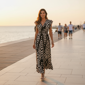Woman in a zebra-striped dress standing on a promenade with people in the background.