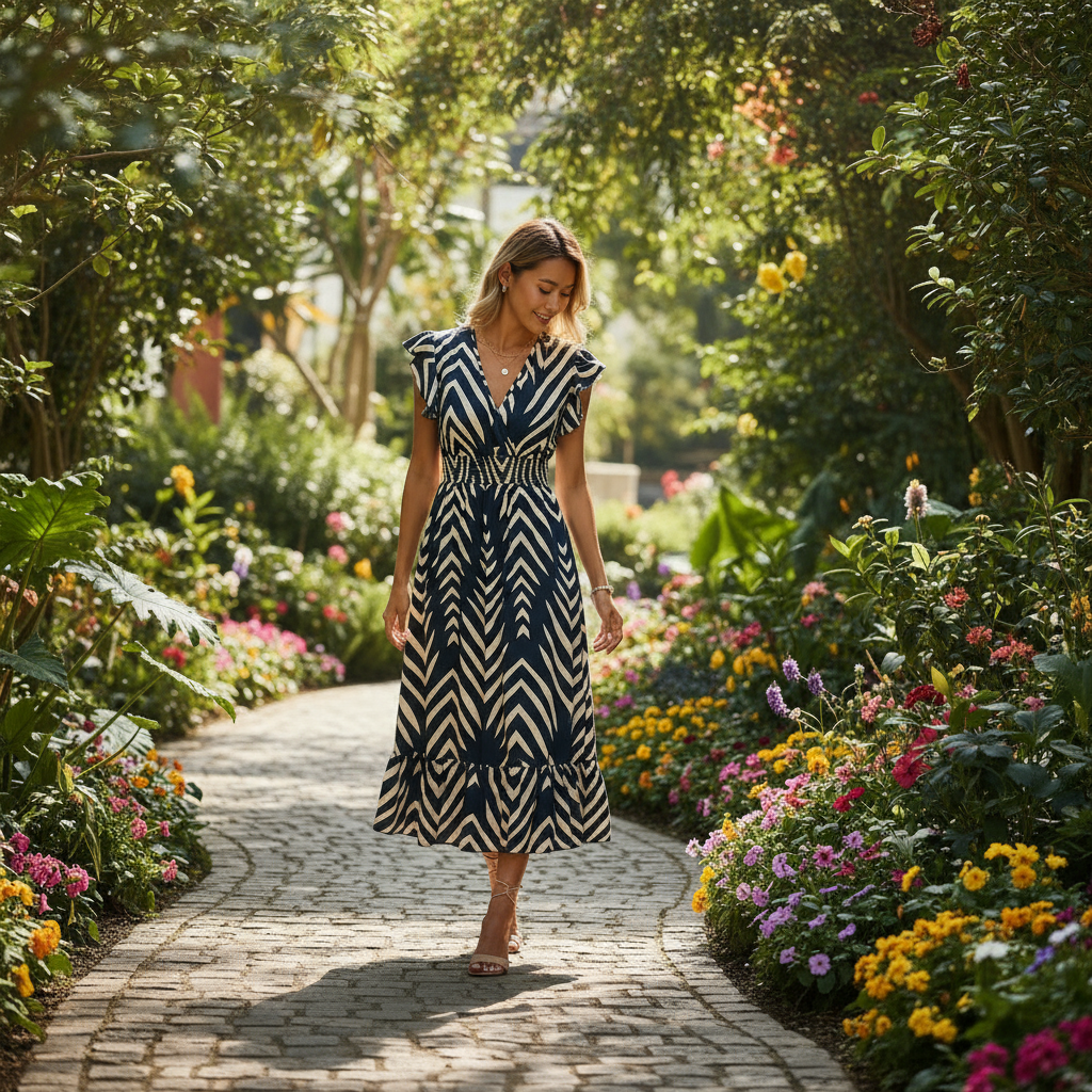 Woman in a black and white dress walking through a garden with colorful flowers and trees.