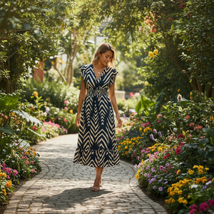 Woman in a black and white dress walking through a garden with colorful flowers and trees.